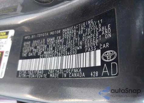 2011 Toyota Corolla Le z USA, uszkodzony, nr VIN 2T1BU4EE2BC594690